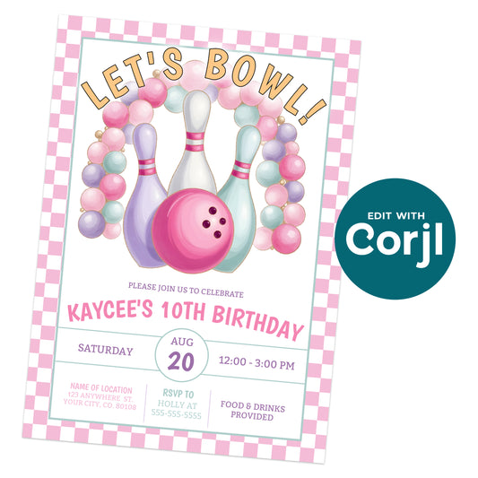Printable bowling birthday invitation with pink bowling ball, pastel pins, and checkered background, editable Corjl party invite