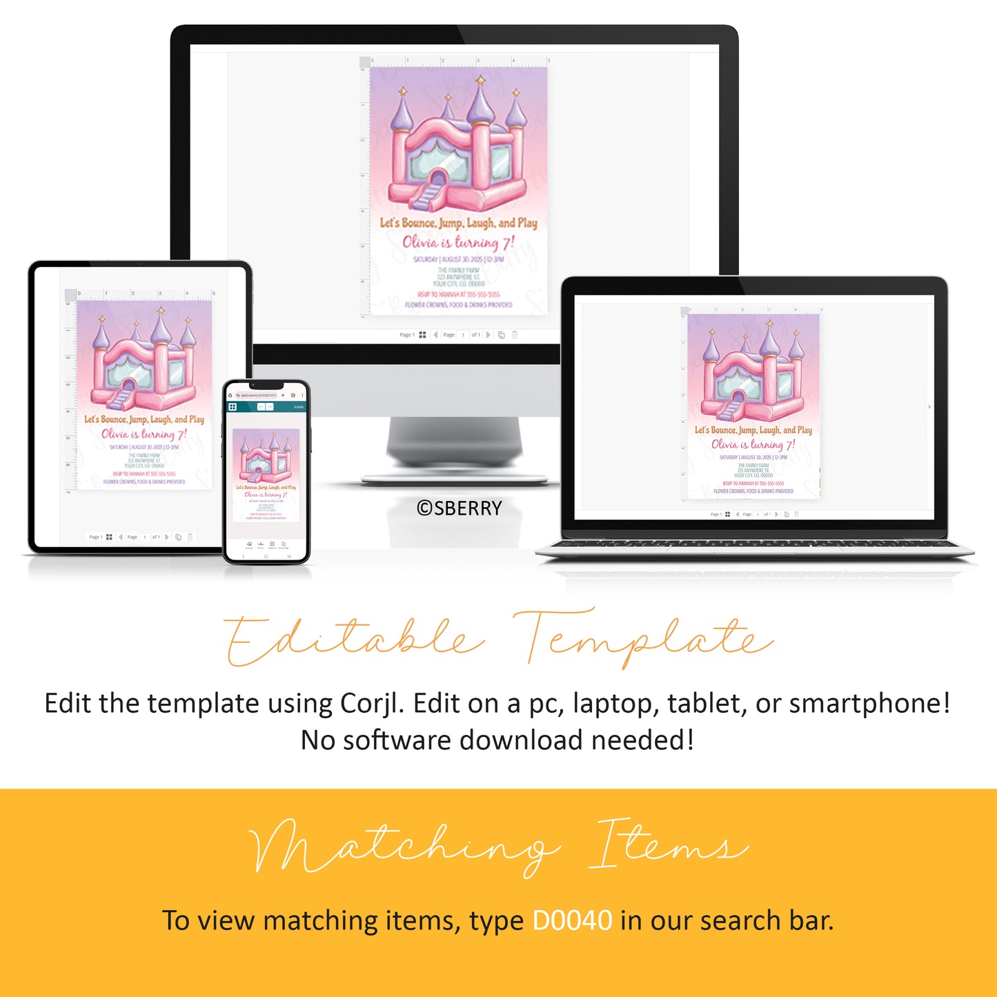Editable bounce house birthday invitation template displayed on desktop, laptop, tablet, and phone, Corjl instant download bouncy castle party invite