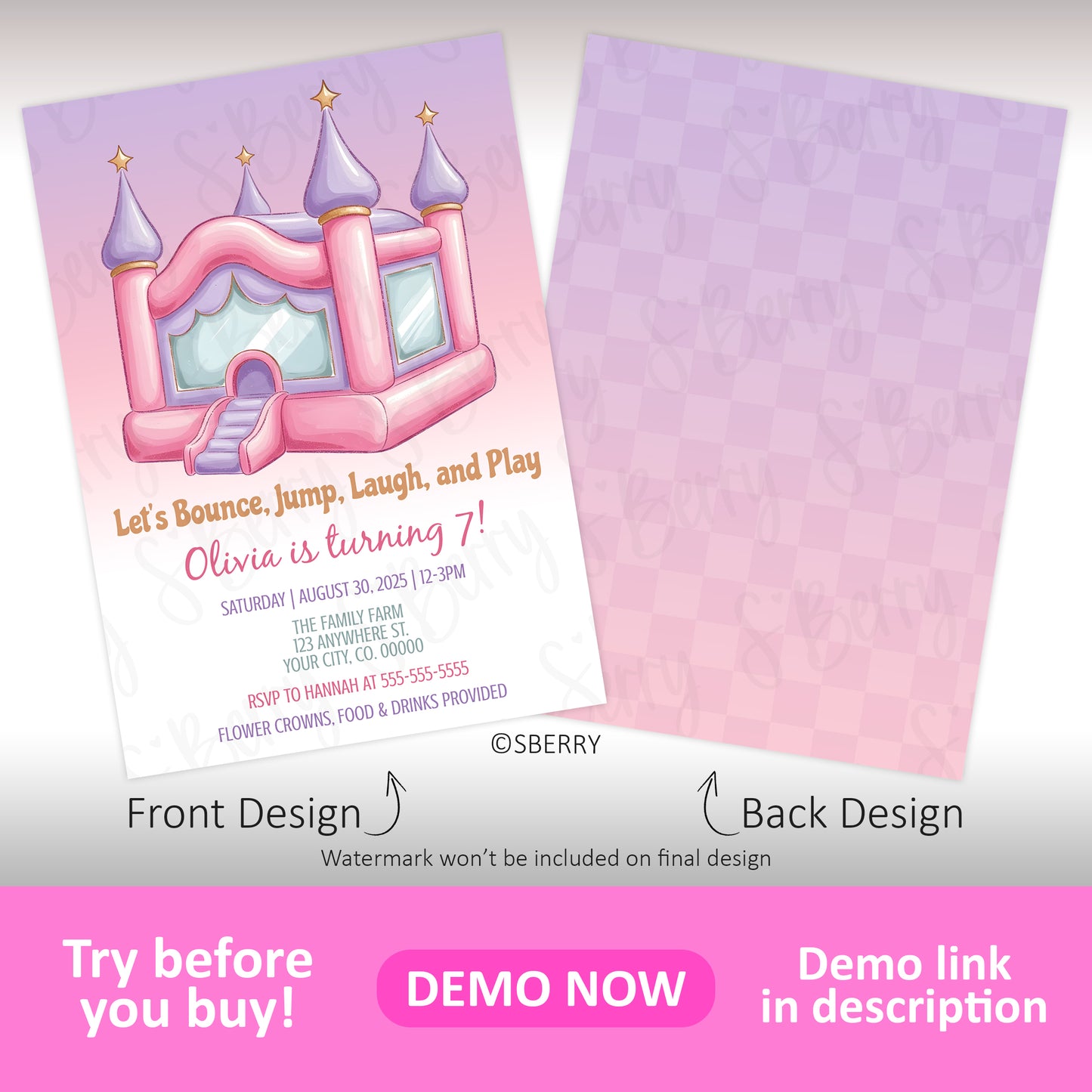 Bounce house birthday invitation template with pink inflatable castle on front and pastel checkered pattern on back, editable kids jumper party invite