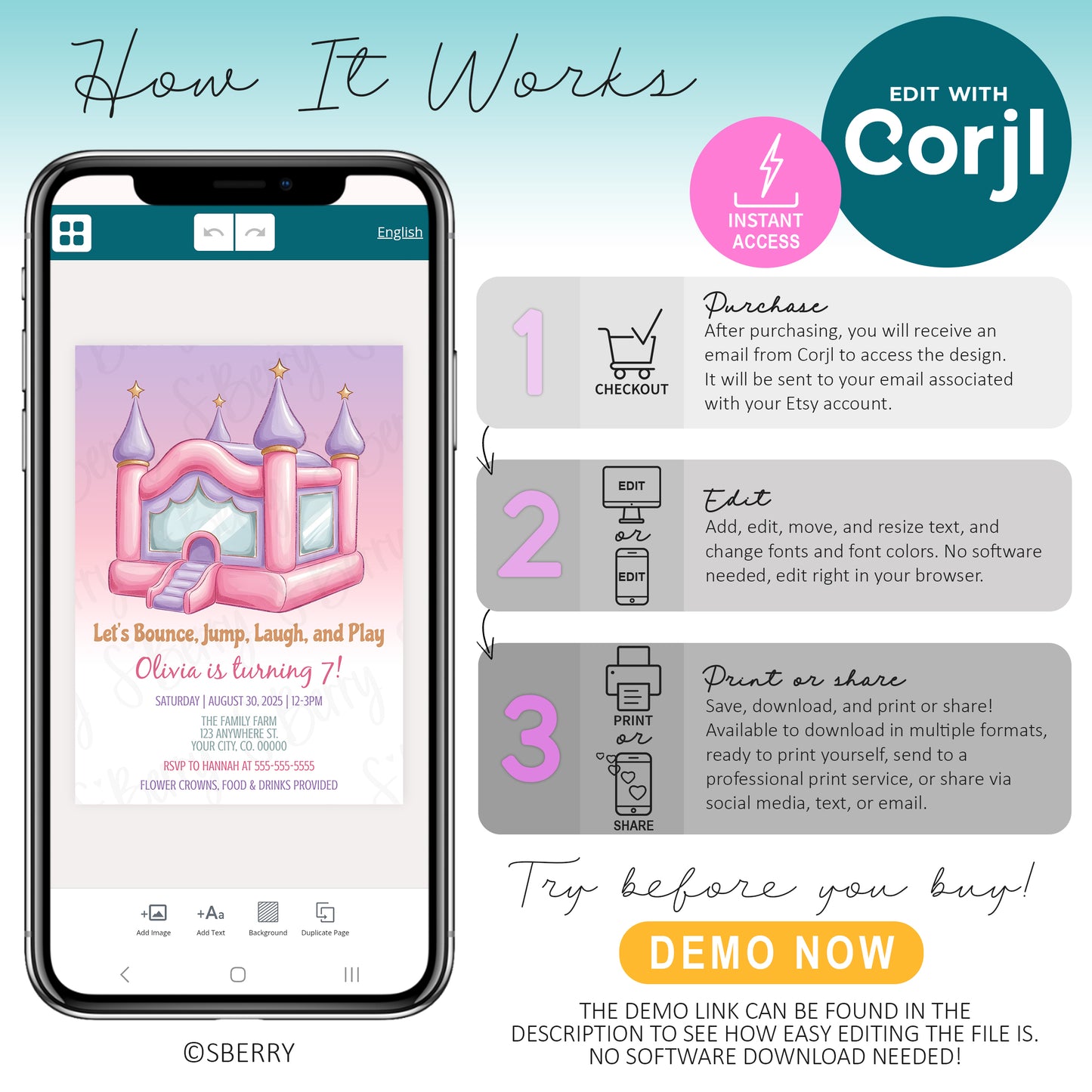 How to edit bounce house birthday invitation template in Corjl on phone, instant access digital invite, customize, download, and print or share