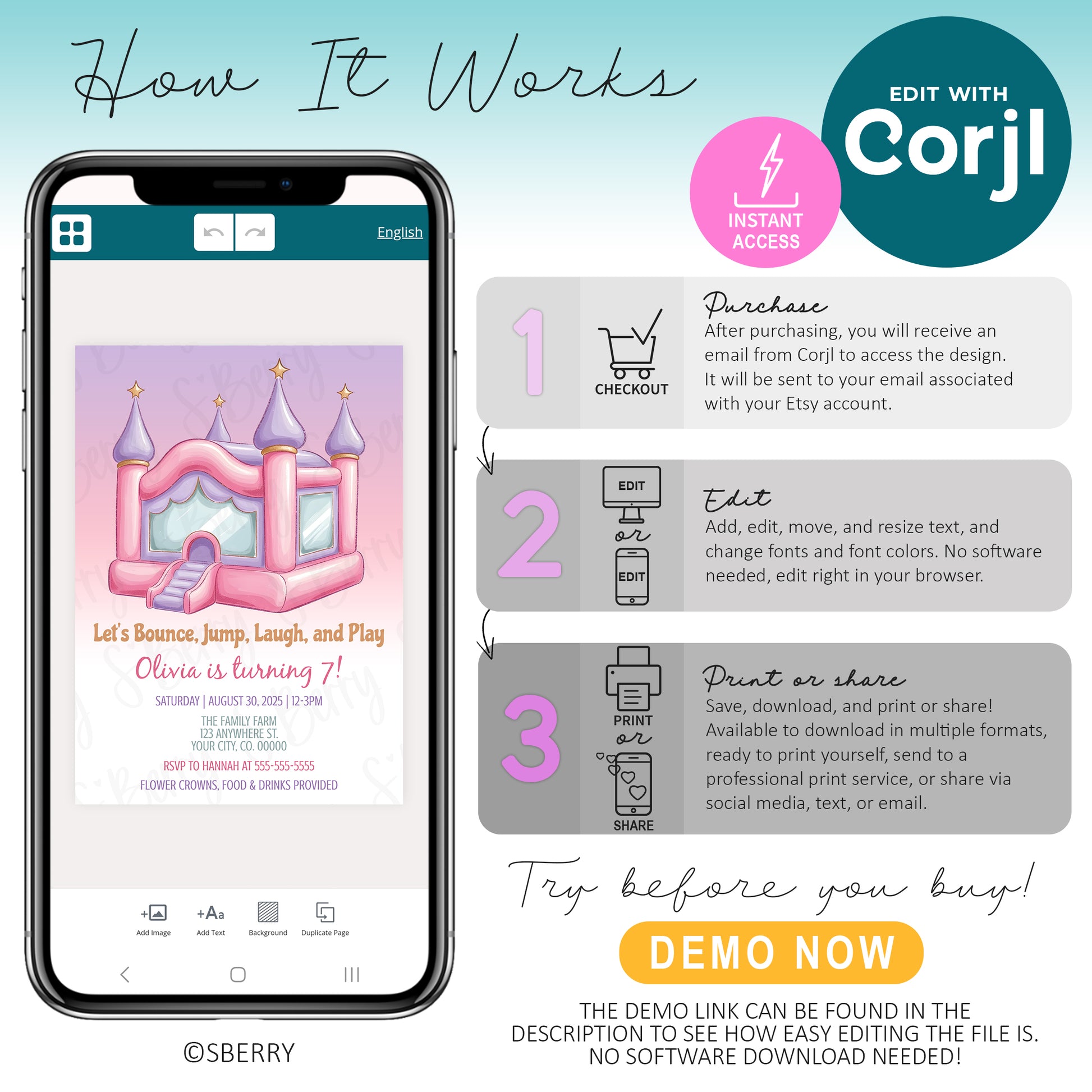 How to edit bounce house birthday invitation template in Corjl on phone, instant access digital invite, customize, download, and print or share