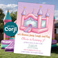 Bounce house birthday invitation template mockup with inflatable castle background, pink bouncy house design, editable kids party invite