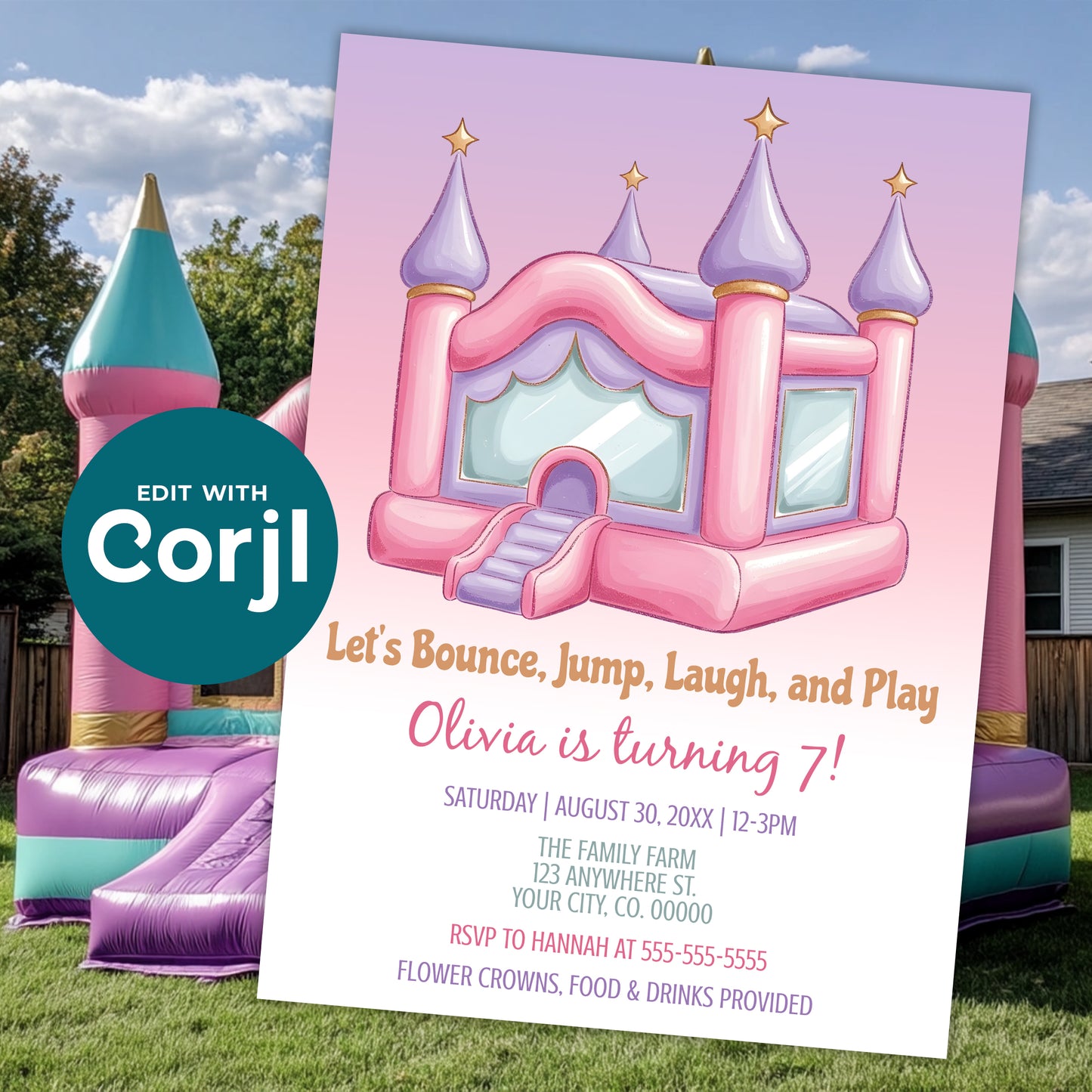Bounce house birthday invitation template mockup with inflatable castle background, pink bouncy house design, editable kids party invite