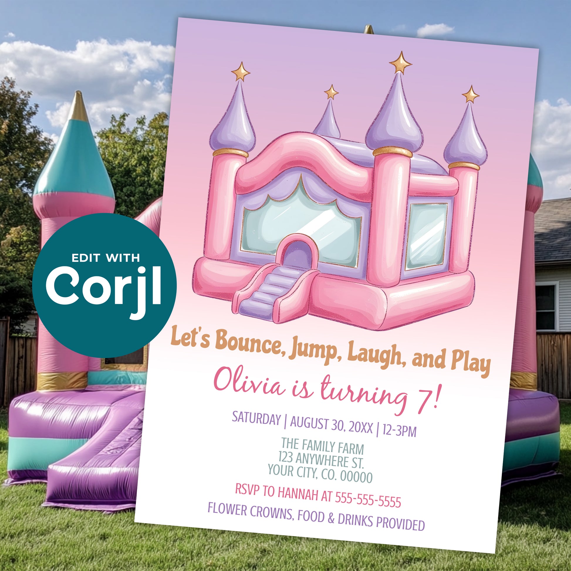 Bounce house birthday invitation template mockup with inflatable castle background, pink bouncy house design, editable kids party invite