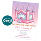 Printable bounce house birthday invitation with pink inflatable castle and pastel colors, editable Corjl kids party invite