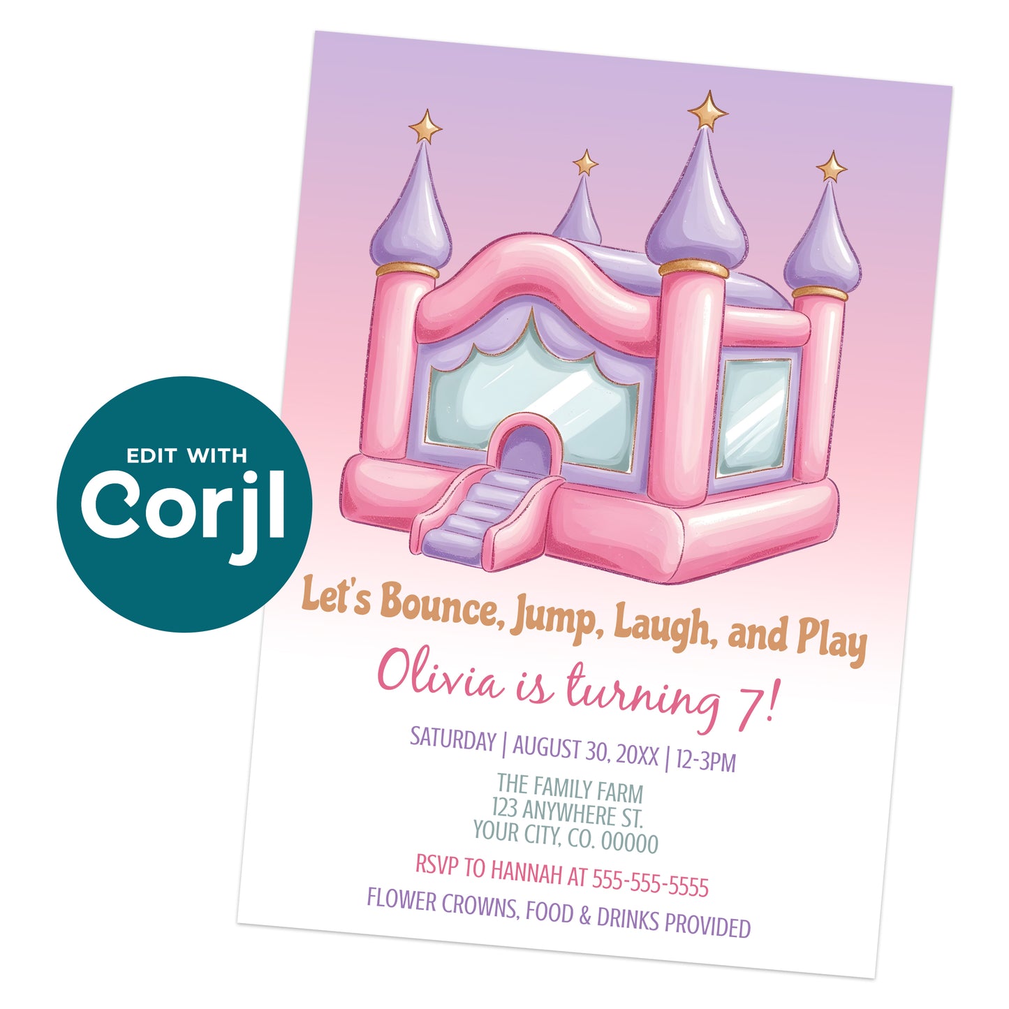 Printable bounce house birthday invitation with pink inflatable castle and pastel colors, editable Corjl kids party invite