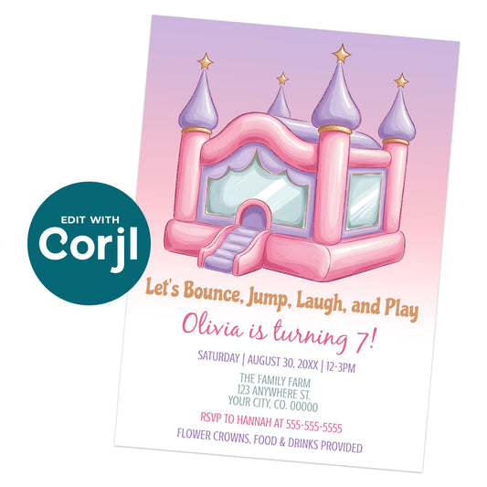 Printable bounce house birthday invitation with pink inflatable castle and pastel colors, editable Corjl kids party invite