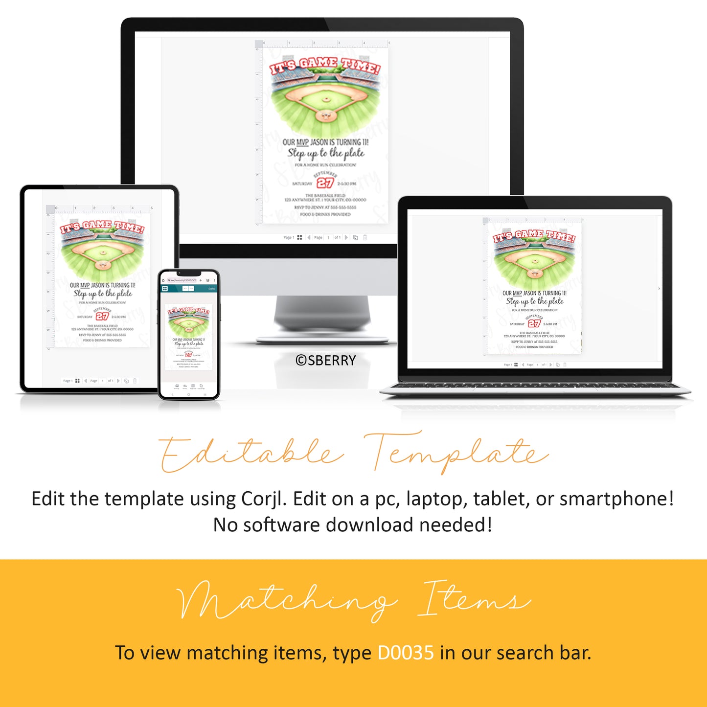 Editable baseball birthday invitation template displayed on desktop, laptop, tablet, and phone, Corjl instant download sports party invite