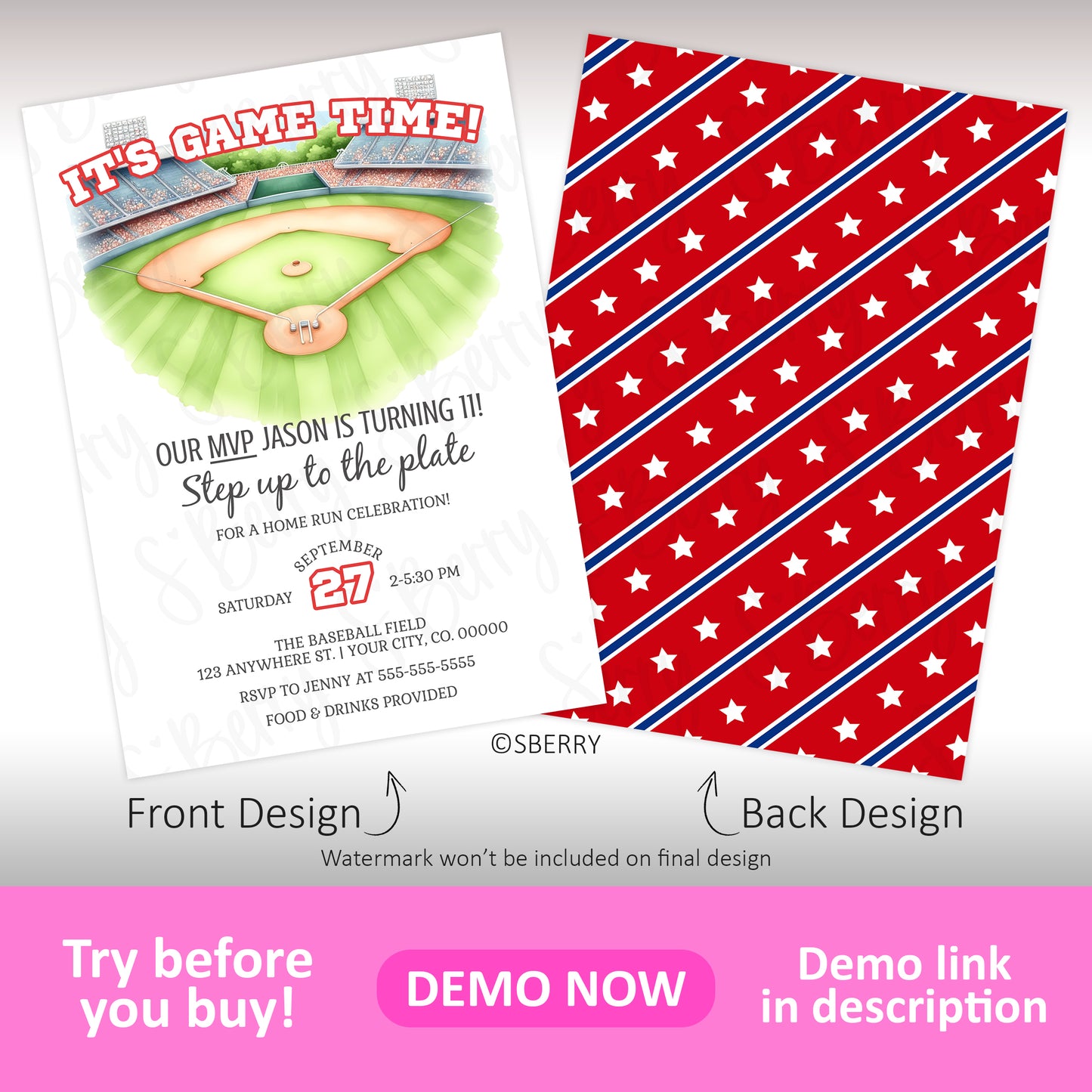 Baseball birthday invitation template with stadium field illustration on front and red star striped pattern on back, editable sports party invite