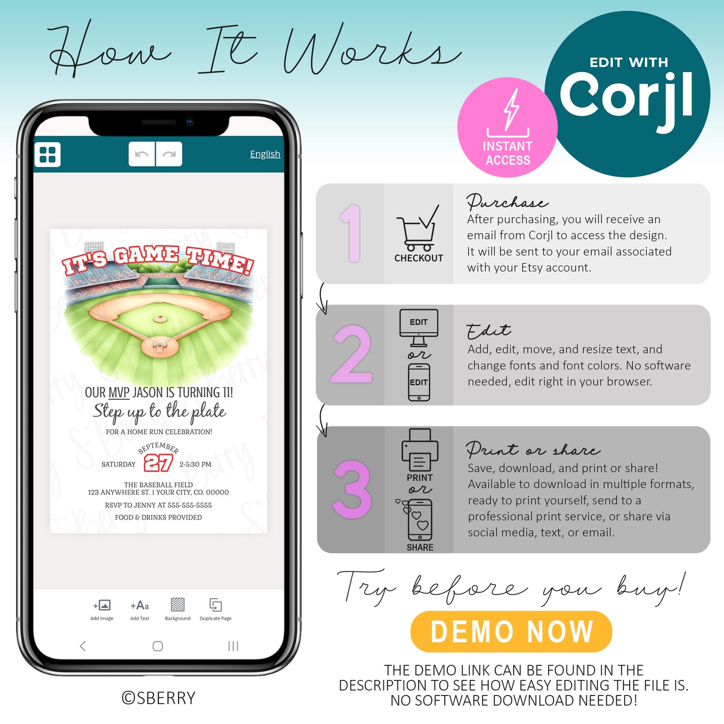 How to edit baseball birthday invitation template in Corjl on phone, instant access digital invite, customize, download, and print or share