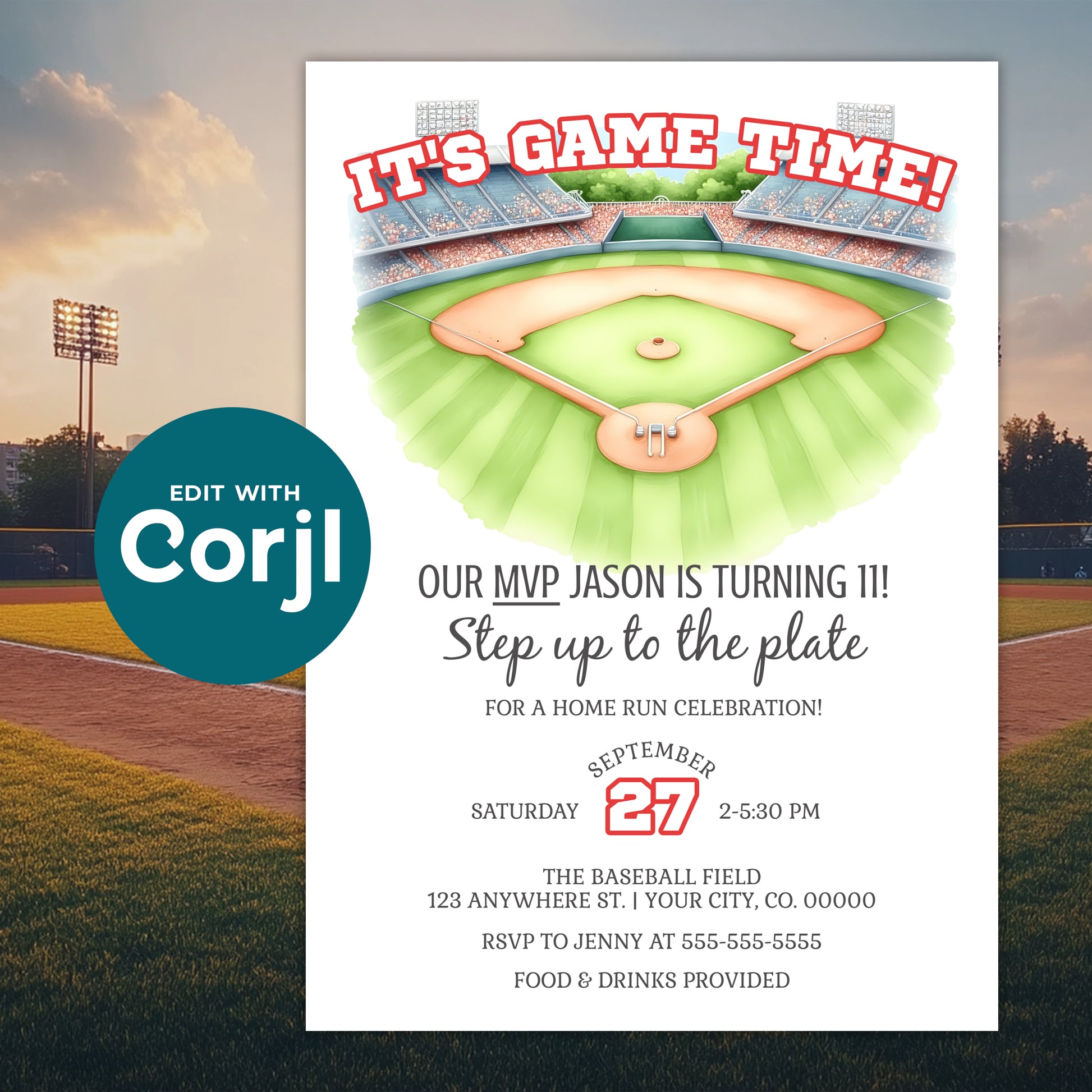 Baseball birthday invitation template with stadium field illustration, “It’s Game Time” sports party invite, editable Corjl design