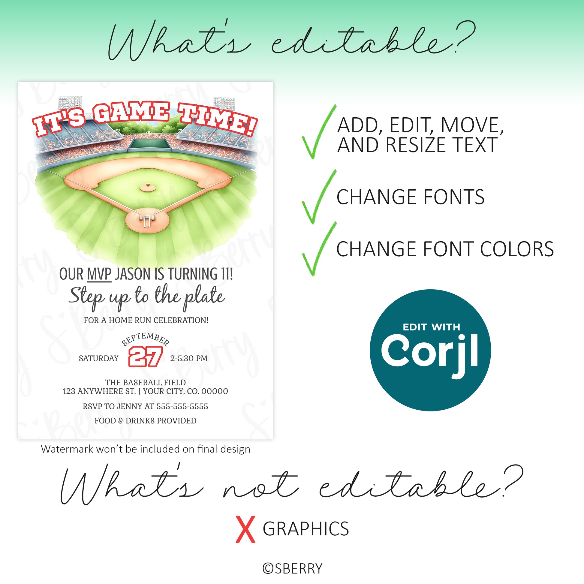 Editable baseball birthday invitation template showing text editing, font and color changes allowed, graphics not editable, Corjl template
