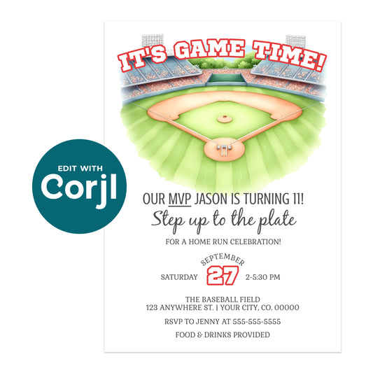 Printable baseball birthday invitation with stadium field illustration and red sports theme, editable kids baseball party invite