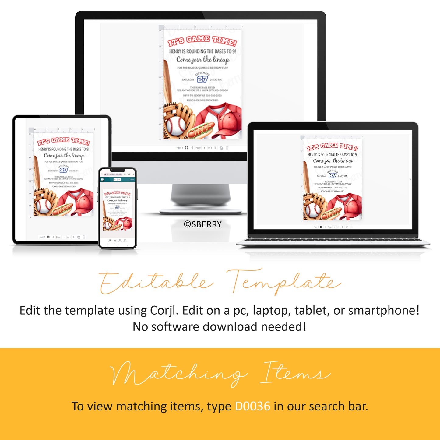 Editable baseball birthday invitation template with sports gear displayed on desktop, laptop, tablet, and phone, Corjl instant download party invite