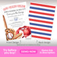 Baseball birthday invitation template with bat, glove, ball, jersey, and hot dog illustration on front and red white blue striped pattern on back