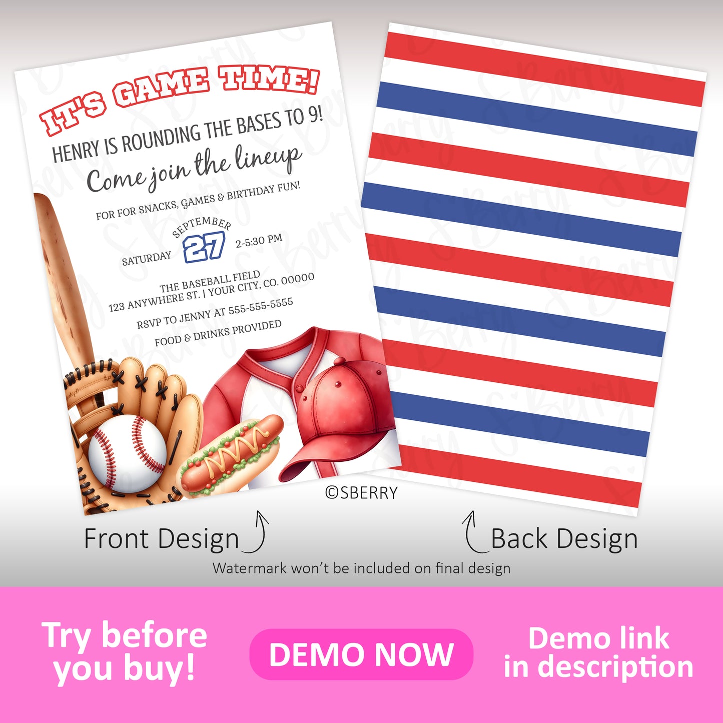 Baseball birthday invitation template with bat, glove, ball, jersey, and hot dog illustration on front and red white blue striped pattern on back