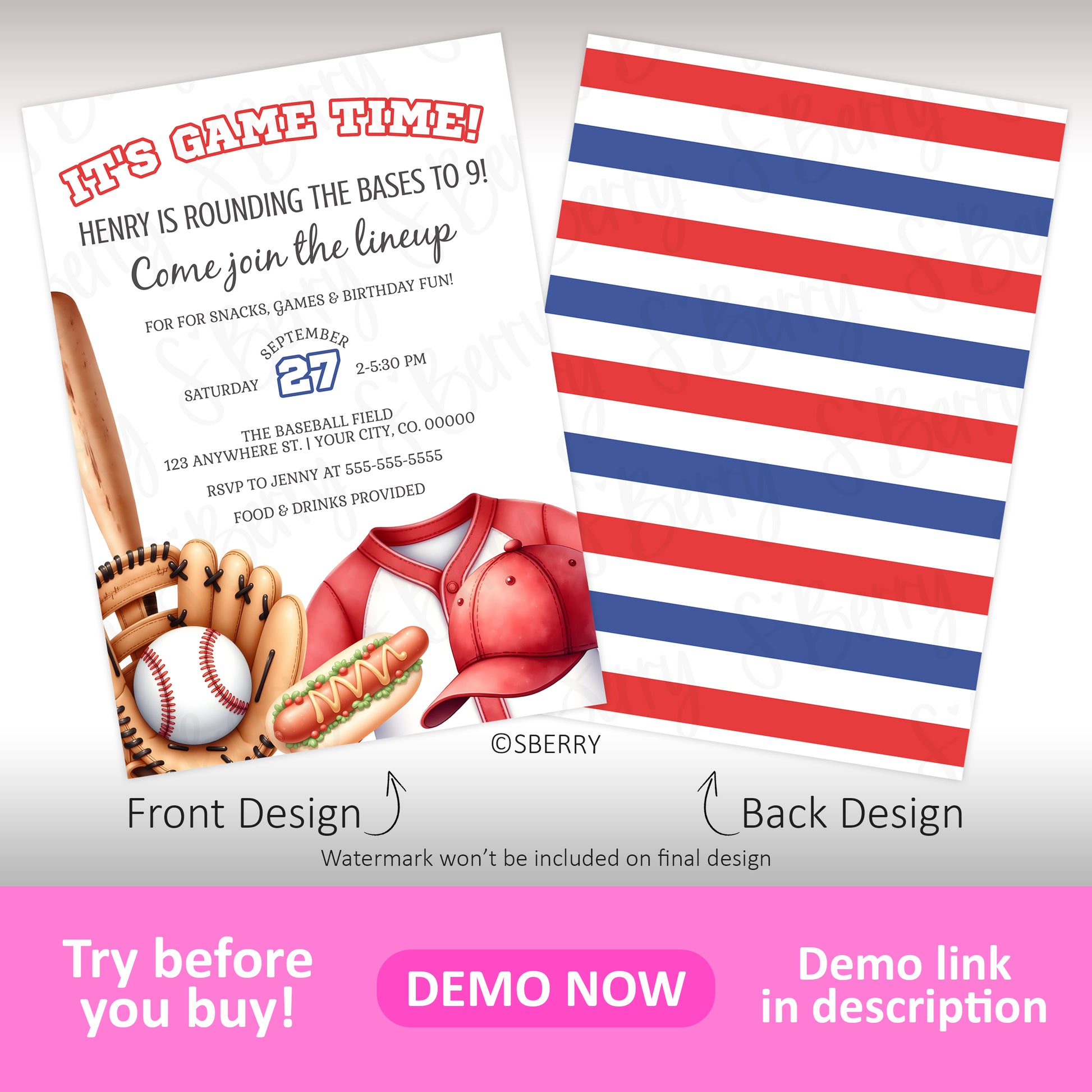 Baseball birthday invitation template with bat, glove, ball, jersey, and hot dog illustration on front and red white blue striped pattern on back