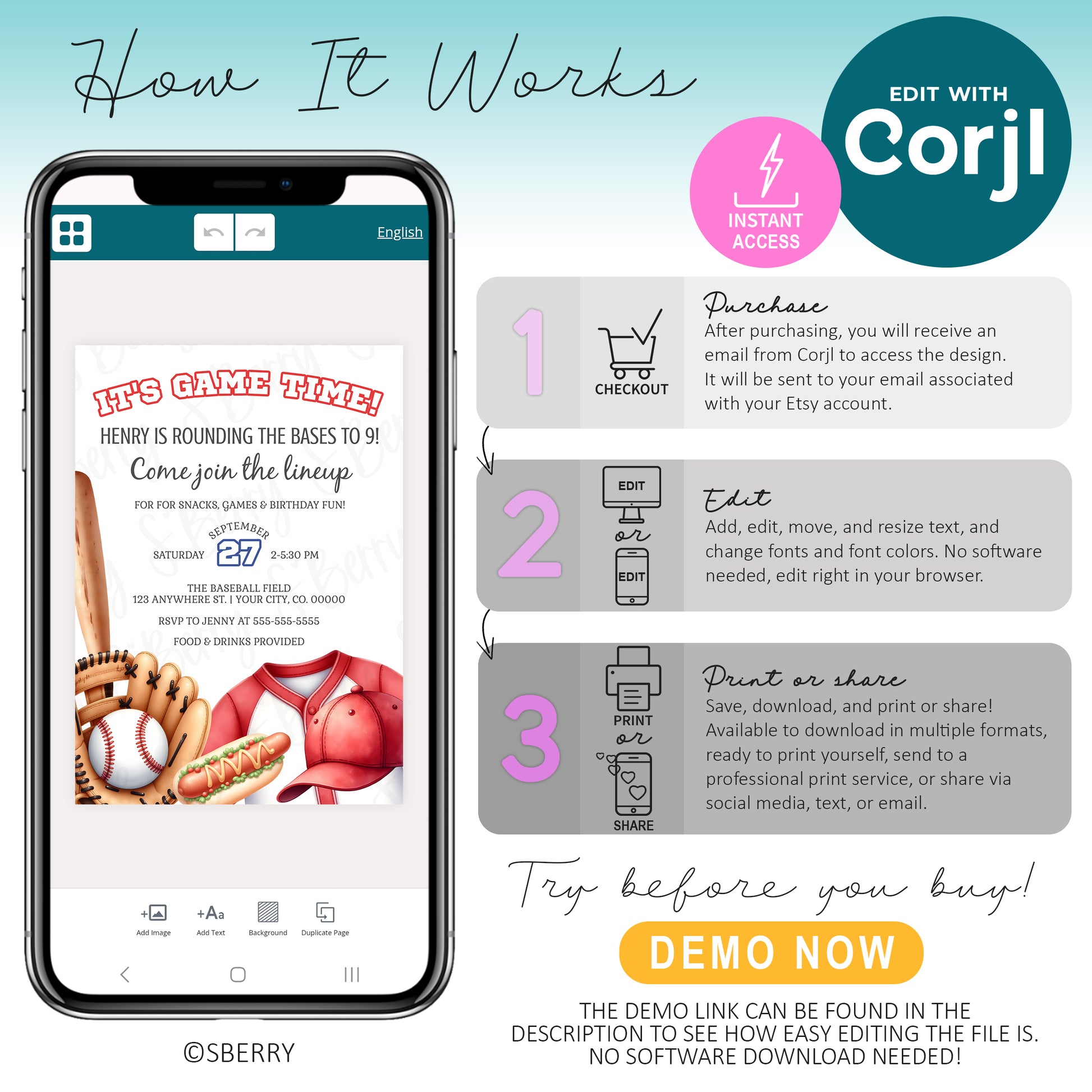 How to edit baseball birthday invitation template in Corjl on mobile phone, instant access digital invite, customize, download, print or share