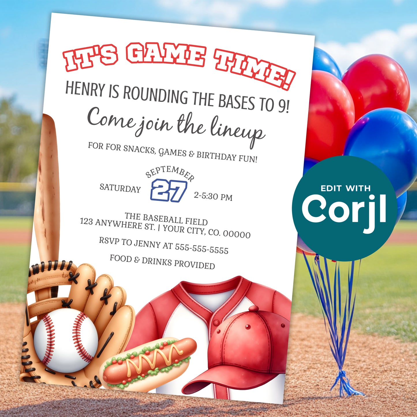 Baseball birthday invitation template with balloons background, sports party invite with baseball gear illustration, editable Corjl design