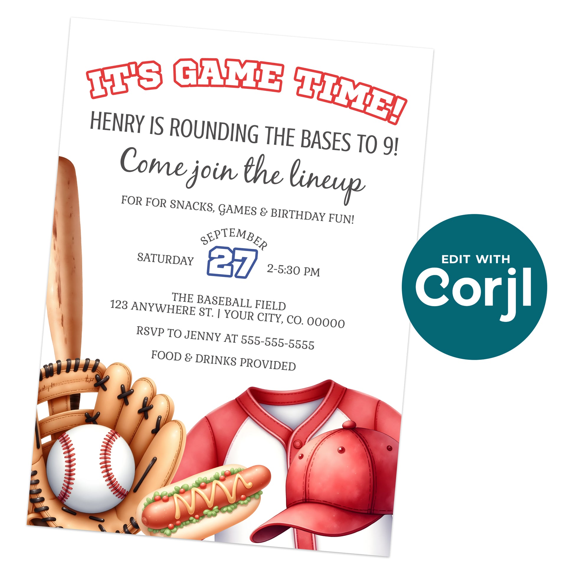 Printable baseball birthday invitation with bat, glove, ball, jersey, and hot dog design, editable kids sports party invite