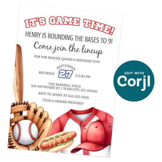 Printable baseball birthday invitation with bat, glove, ball, jersey, and hot dog design, editable kids sports party invite