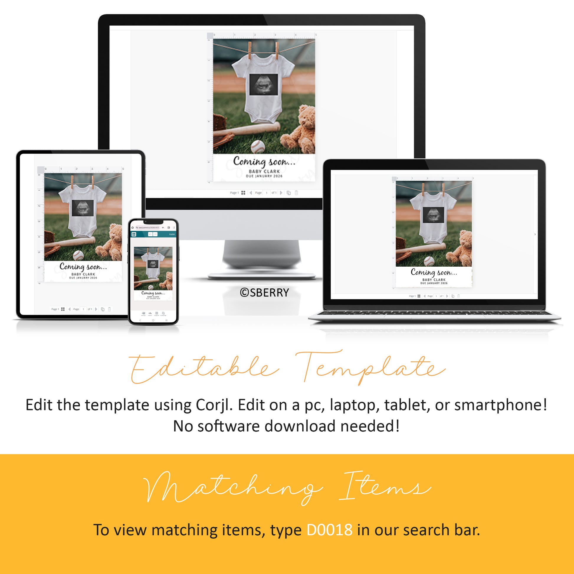 Editable baby announcement template shown on a desktop, laptop, tablet, and smartphone screen with customization instructions using Corjl.