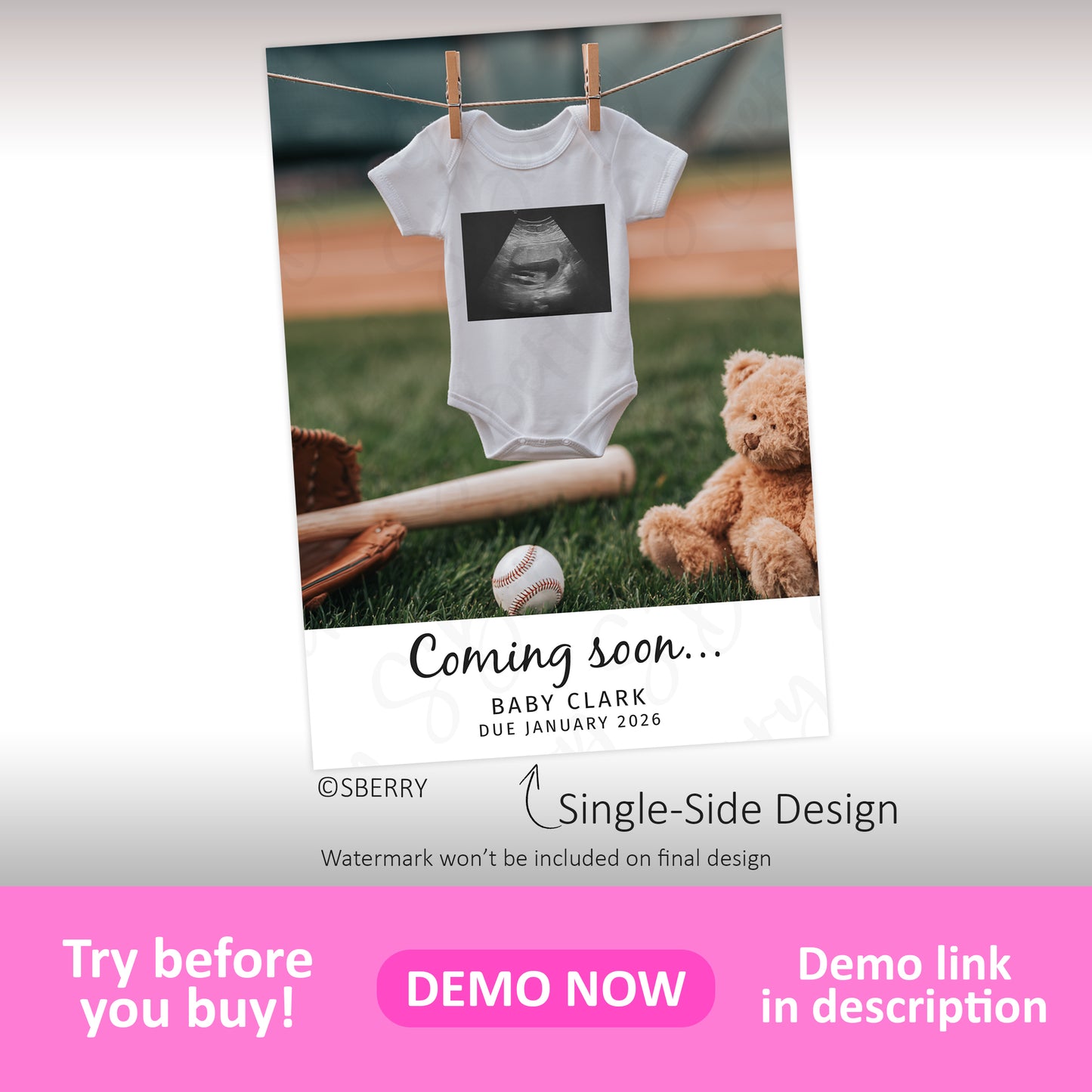 A baby onesie with a sonogram image hangs on a clothesline next to a teddy bear and baseball, with text announcing "Coming soon... Baby Clark, due January 2026.