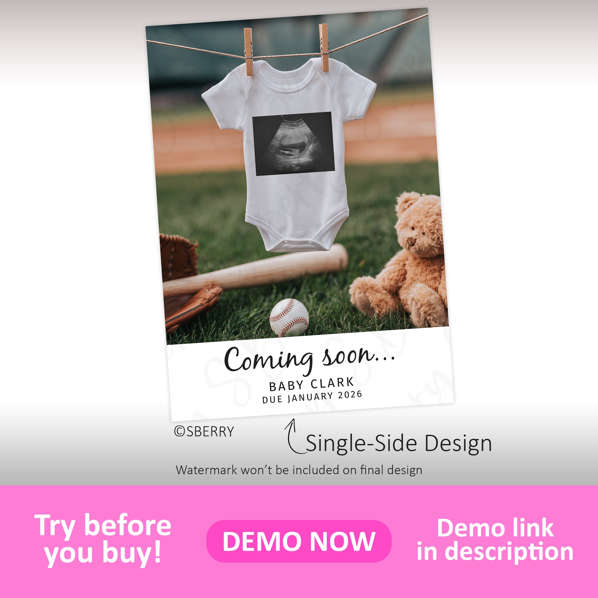 A baby onesie with a sonogram image hangs on a clothesline next to a teddy bear and baseball, with text announcing "Coming soon... Baby Clark, due January 2026.