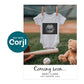 A baby onesie with an ultrasound image hangs on a clothesline next to a teddy bear, baseball bat, and ball. Text reads: "Coming soon... Baby Clark, due January 2026.