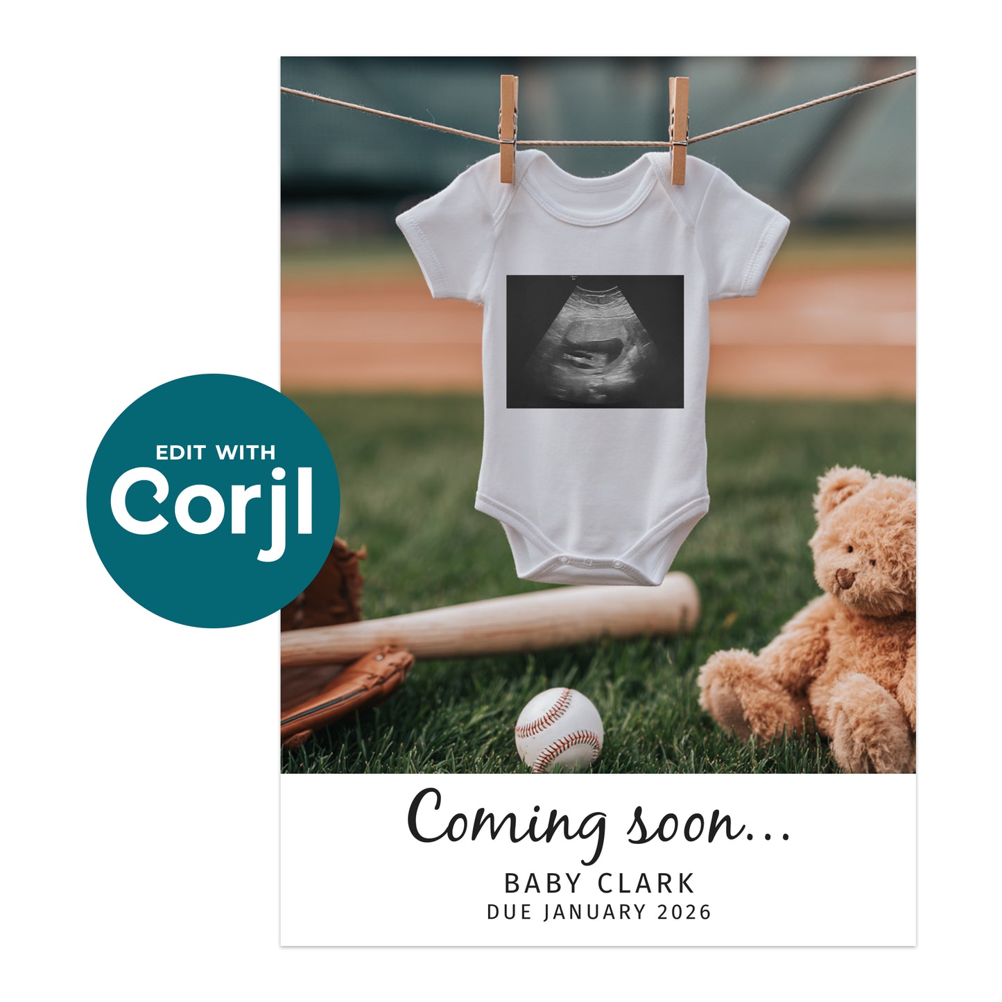 A baby onesie with an ultrasound image hangs on a clothesline next to a teddy bear, baseball bat, and ball. Text reads: "Coming soon... Baby Clark, due January 2026.