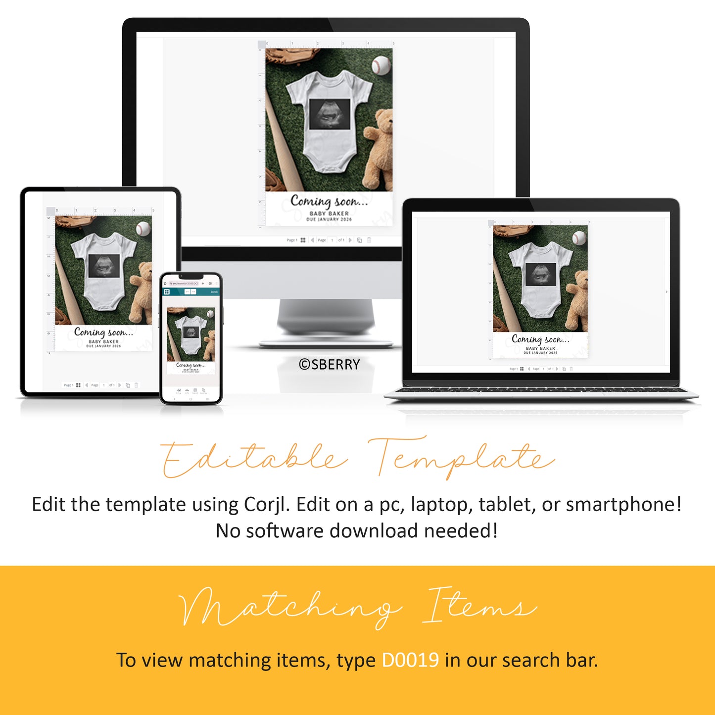 A digital mockup of a baby announcement template is displayed on a desktop, laptop, tablet, and smartphone, showing cross-device editing capabilities.
