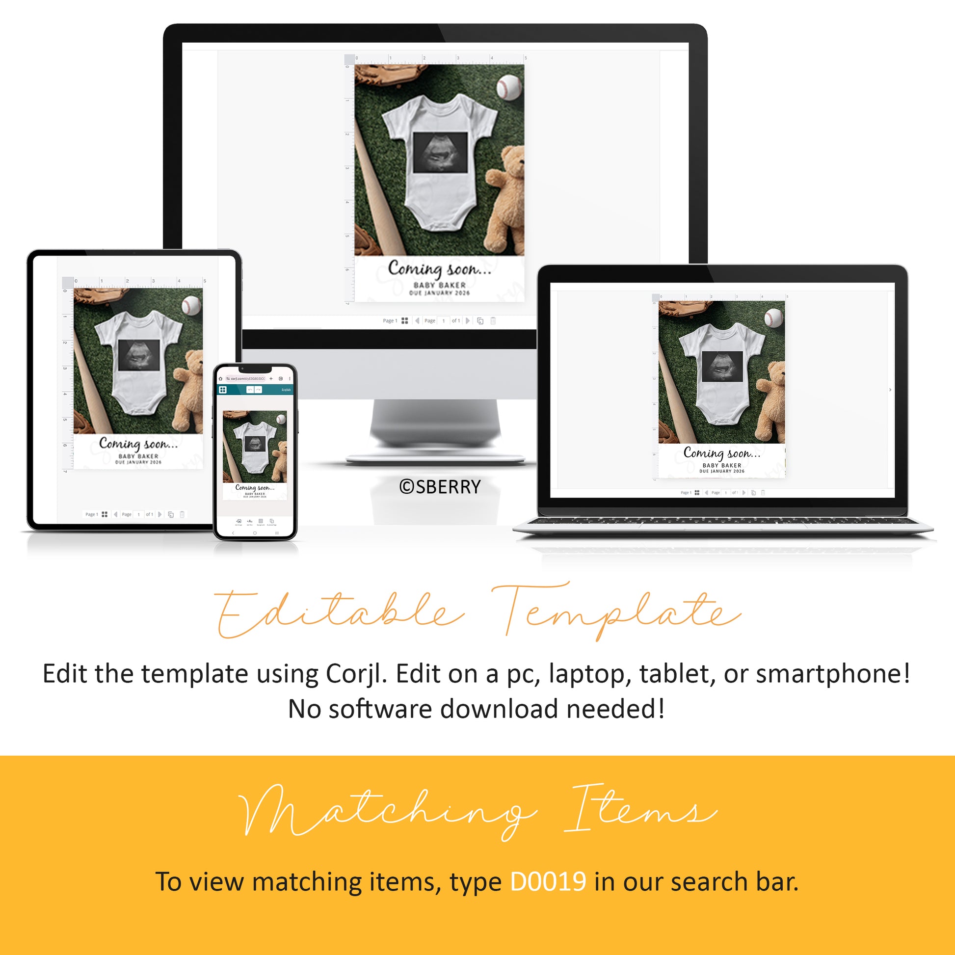 A digital mockup of a baby announcement template is displayed on a desktop, laptop, tablet, and smartphone, showing cross-device editing capabilities.
