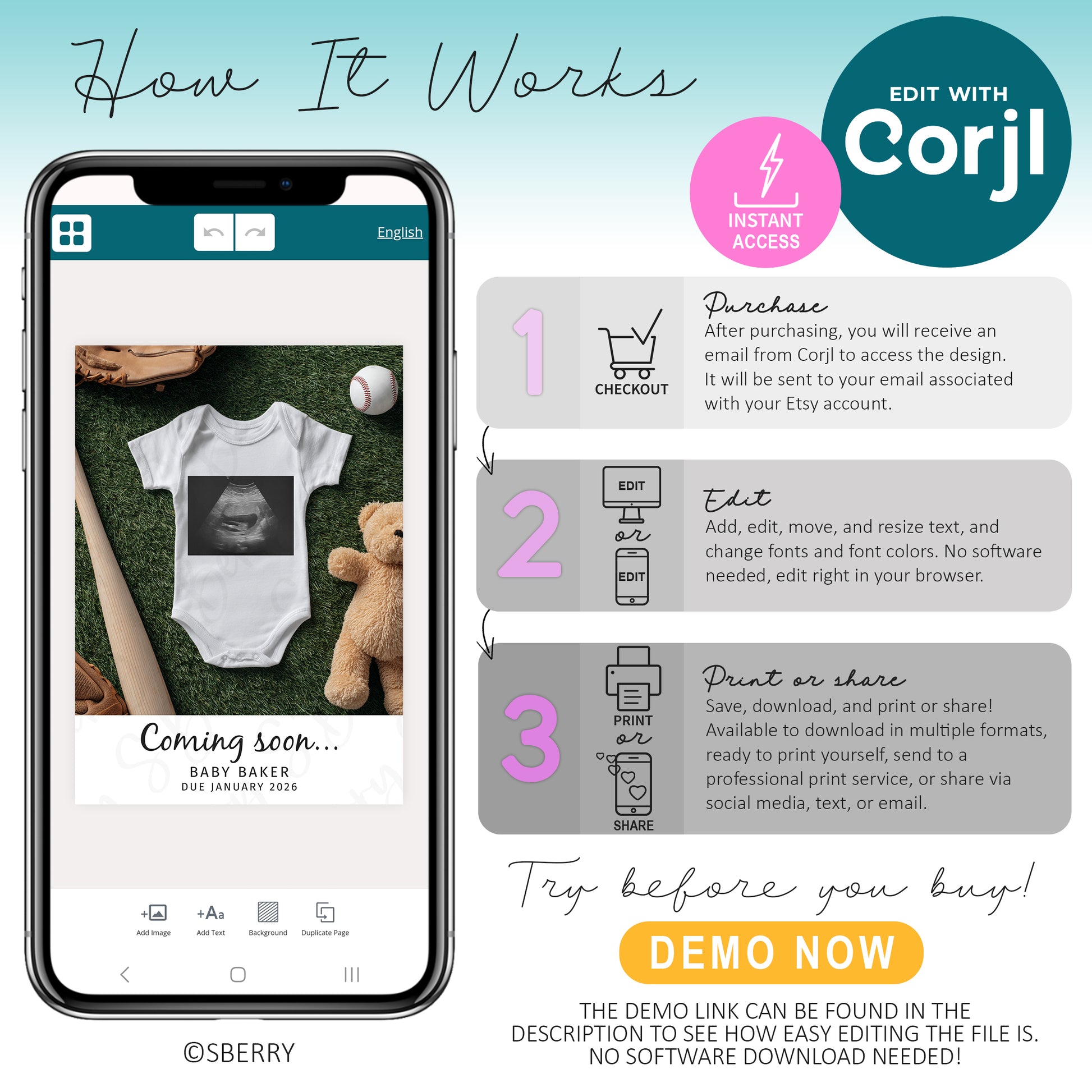 Smartphone mockup displays a customizable baby announcement template with instructions for purchasing, editing, and downloading the design using Corjl. Text highlights ease of use and instant access.