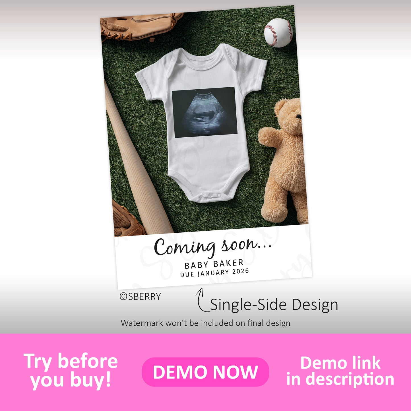A baby onesie with an ultrasound image printed on it is displayed on artificial grass next to a teddy bear, baseball bat, glove, and ball. Text reads, "Coming soon... Baby Baker Due January 2026.