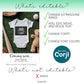 A pregnancy announcement template with a baby onesie featuring an ultrasound image, a teddy bear, and a baseball; text lists editable and non-editable elements in the design.