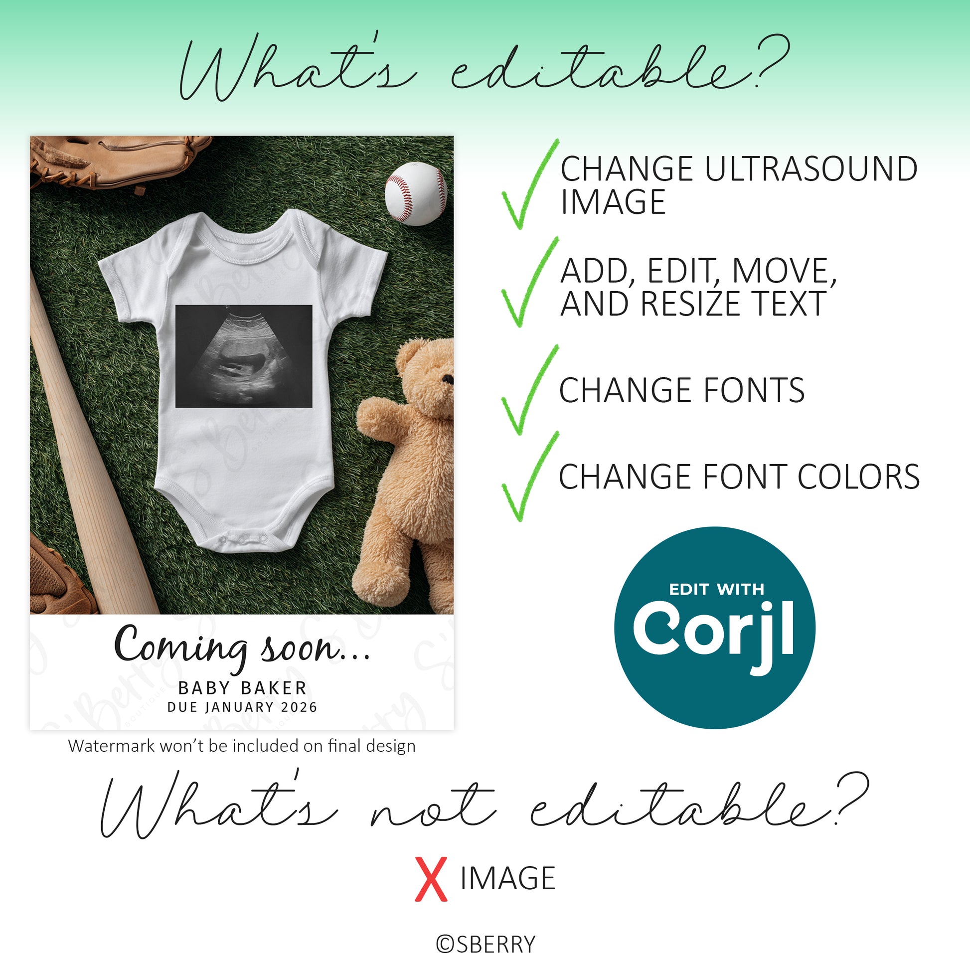 A pregnancy announcement template with a baby onesie featuring an ultrasound image, a teddy bear, and a baseball; text lists editable and non-editable elements in the design.