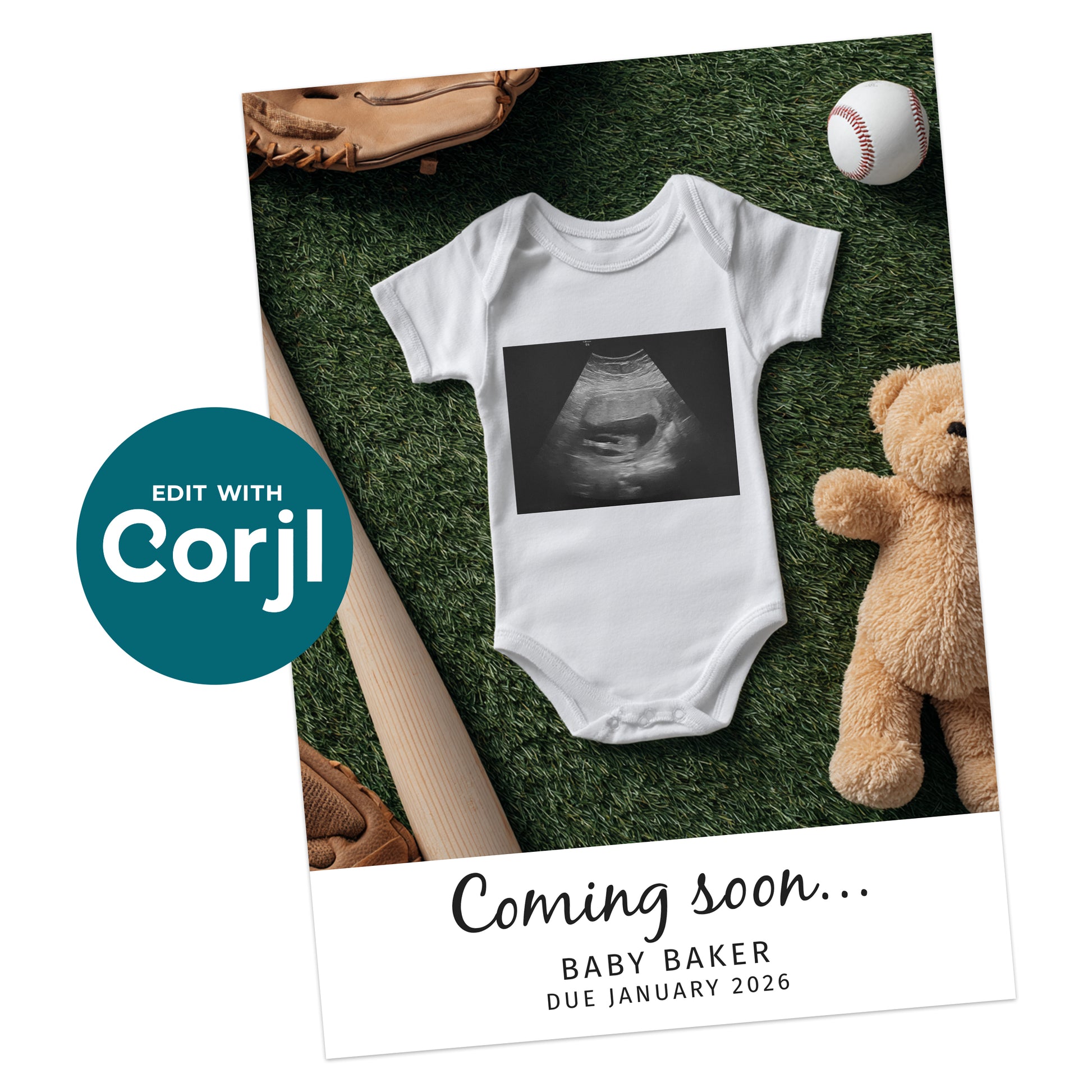 Flat lay of a baby onesie with a sonogram print, surrounded by a teddy bear, baseball, bat, and glove, on green turf. Text reads "Coming soon... Baby Baker Due January 2026.