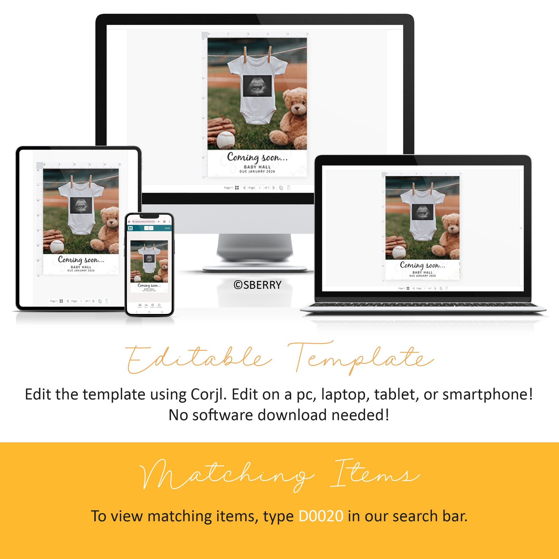 A digital template for a baby announcement is displayed on a desktop monitor, laptop, tablet, and smartphone, with instructions for editing and searching matching items.