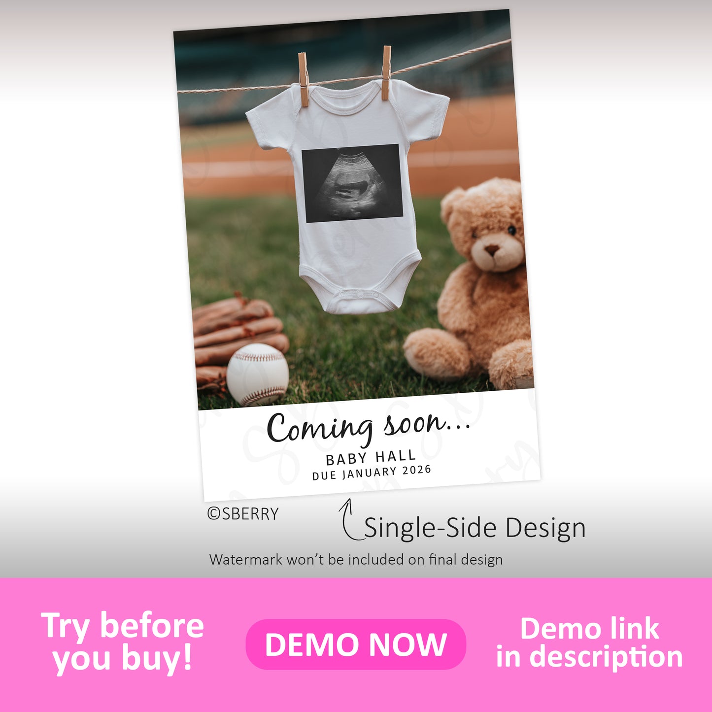 A white baby onesie with an ultrasound image hangs on a clothesline above baseball gear and a teddy bear, with text announcing a baby due in January 2026.