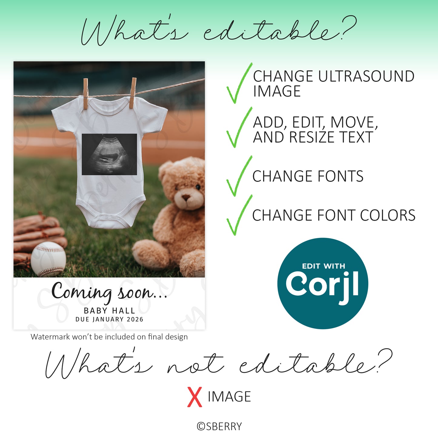 A baby onesie with an ultrasound photo hangs on a clothesline beside a baseball and teddy bear; text lists editable and non-editable features for a customizable baby announcement template.