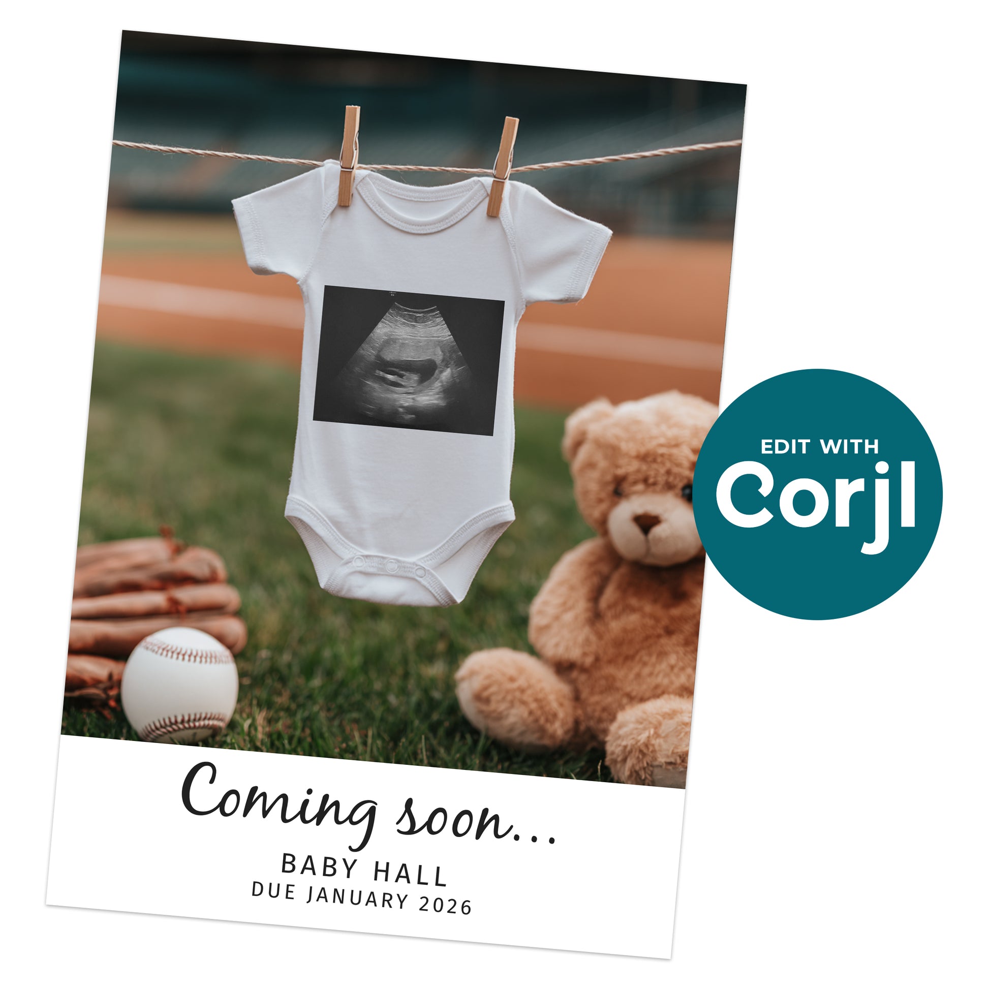 A baby onesie with an ultrasound image hangs on a clothesline at a baseball field, with a teddy bear, baseball, and glove nearby. Text: "Coming soon... Baby Hall due January 2026.