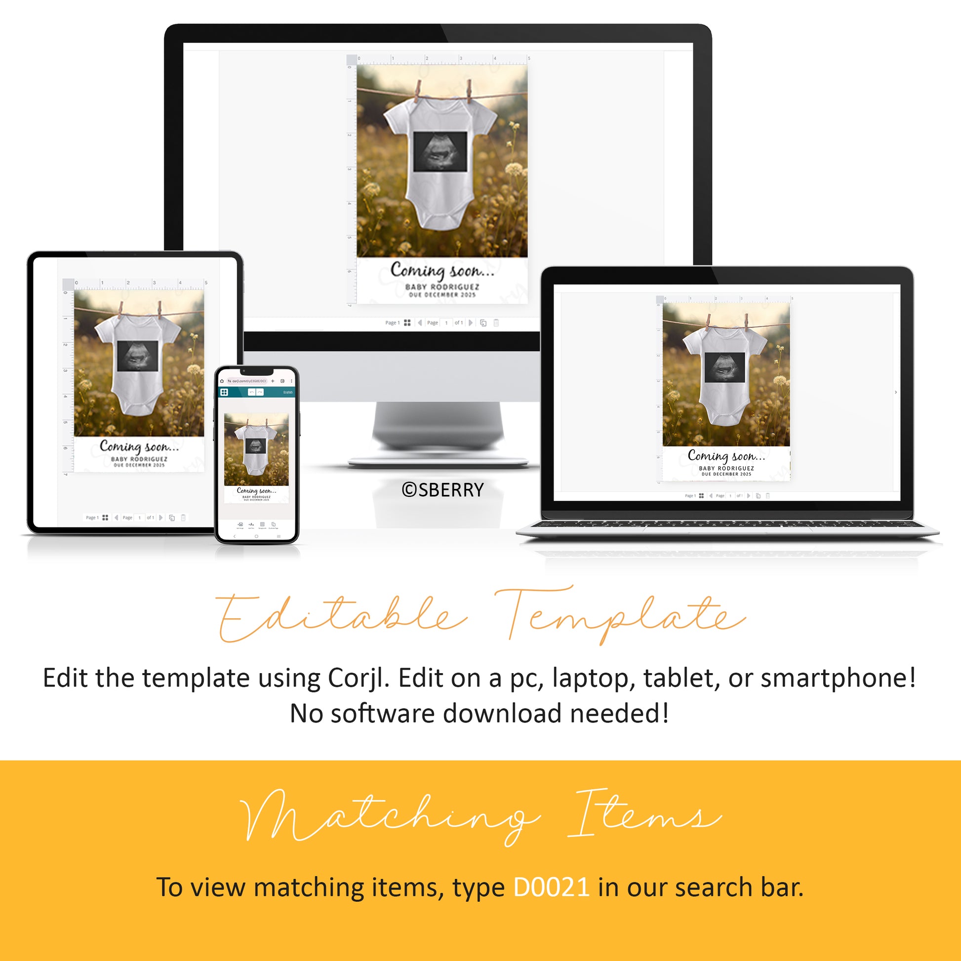 Digital display of an editable template for a baby announcement on multiple devices, including a computer, tablet, and smartphone, with instructions for editing and finding matching items.