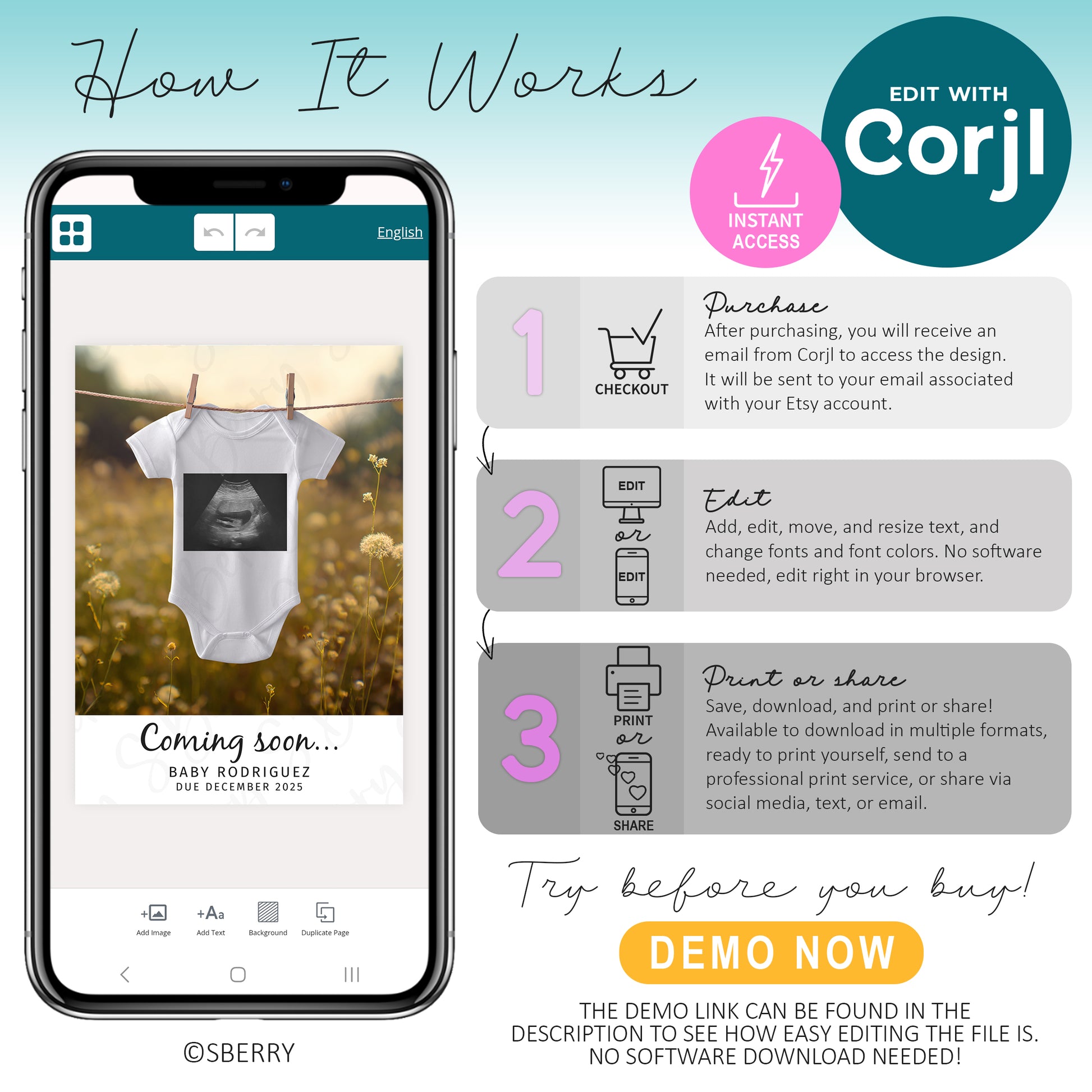 Infographic shows steps to edit a baby announcement template with Corjl: purchase, edit online, then download or share. An example onesie design is displayed on a phone screen.