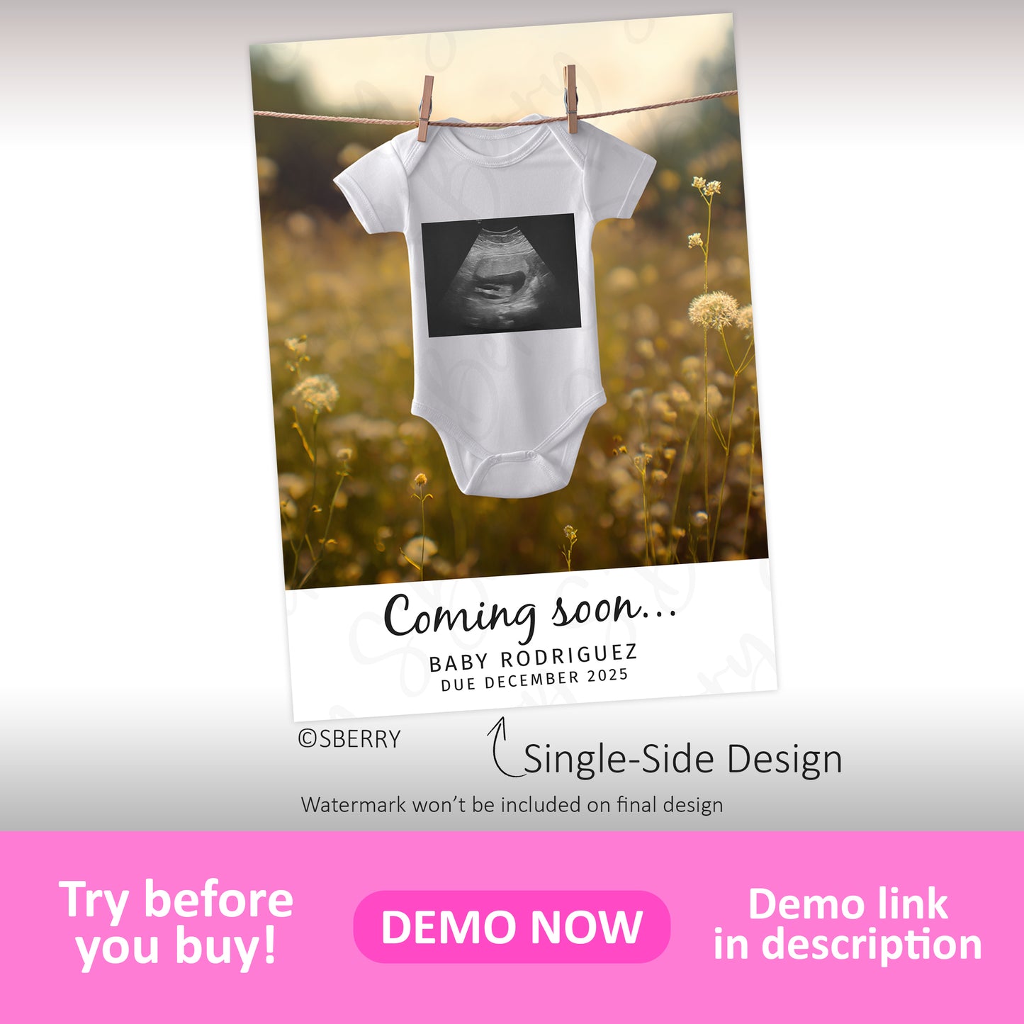 A white baby onesie with an ultrasound image hangs on a clothesline in a field. Text reads: "Coming soon... Baby Rodriguez, Due December 2025.