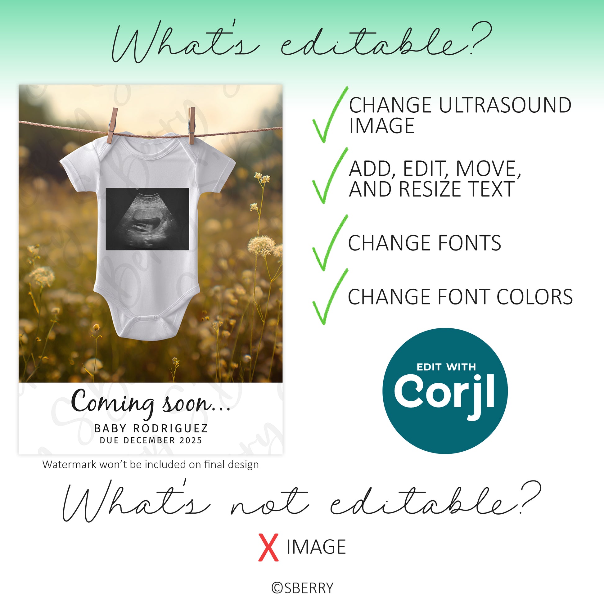 A baby onesie with an ultrasound image hangs on a clothesline. Text explains editable options like text and font changes, and notes the image itself is not editable.