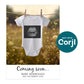 White baby onesie with an ultrasound image hangs on a clothesline outdoors with wildflowers, text reads "Coming soon... Baby Rodriguez, due December 2025.