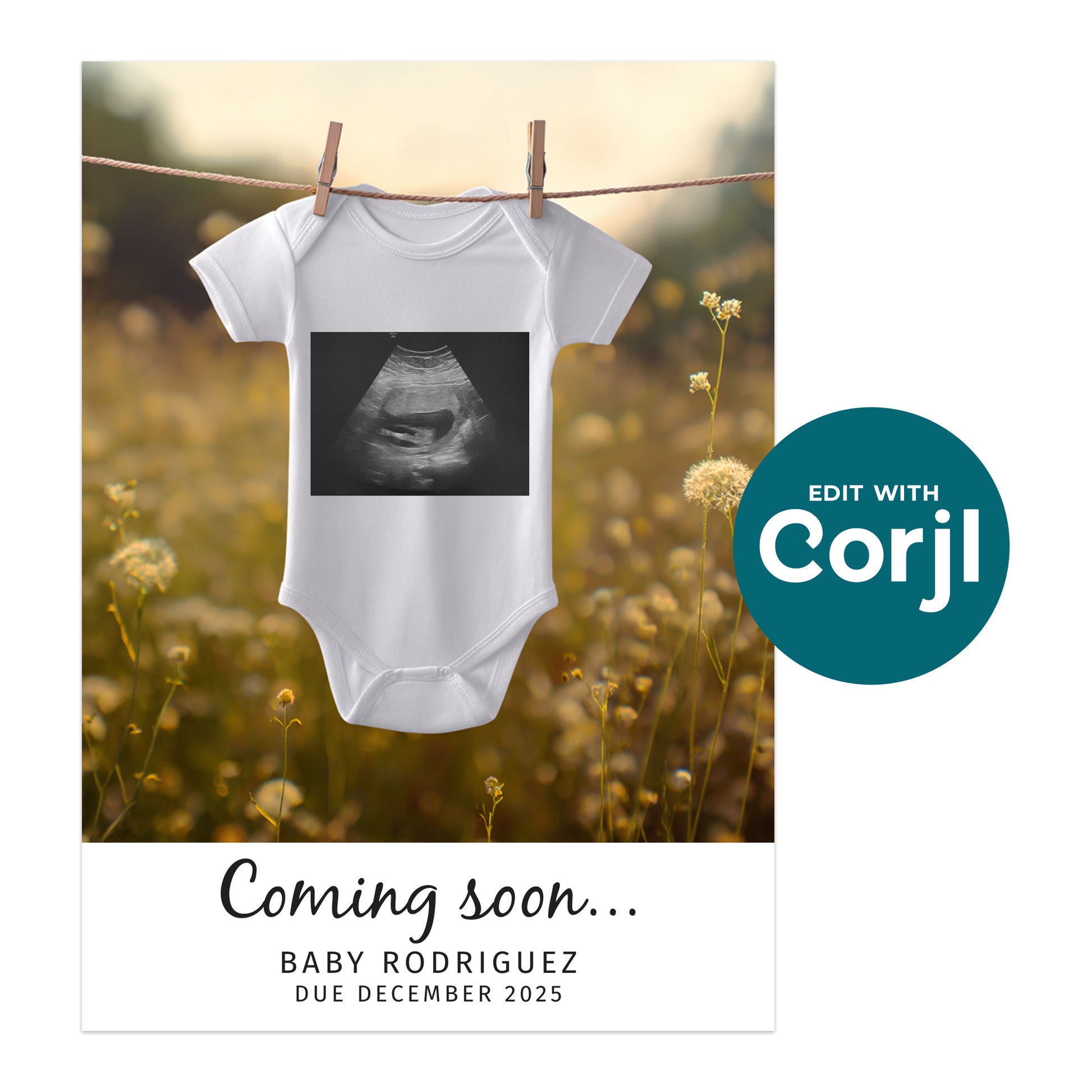 White baby onesie with an ultrasound image hangs on a clothesline outdoors with wildflowers, text reads "Coming soon... Baby Rodriguez, due December 2025.