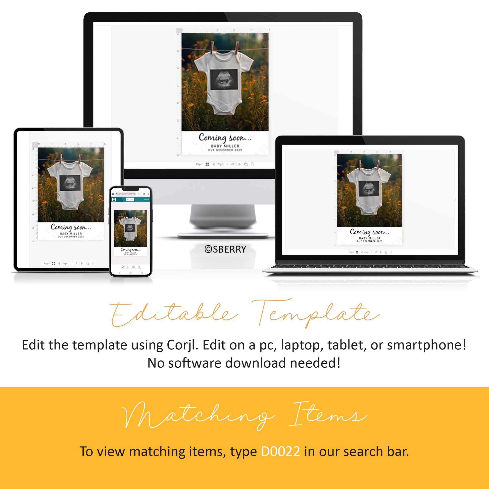 A digital editable template is displayed on a desktop, laptop, tablet, and smartphone screen, with instructions for editing and searching matching items using code D0022.