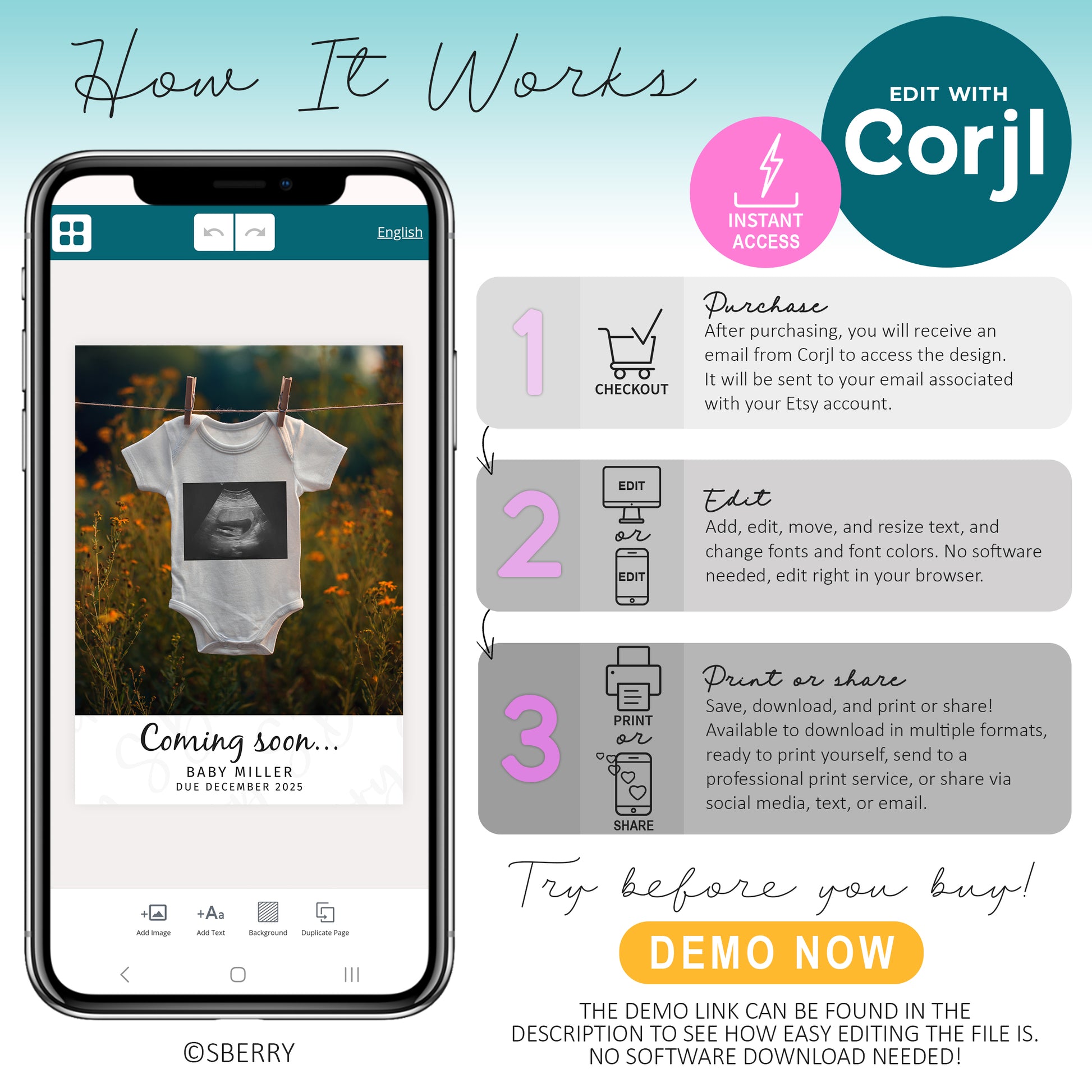An infographic explains how to edit a customizable baby announcement design using Corjl on Etsy, shown on a phone, with instructions for purchase, editing, and printing or sharing.