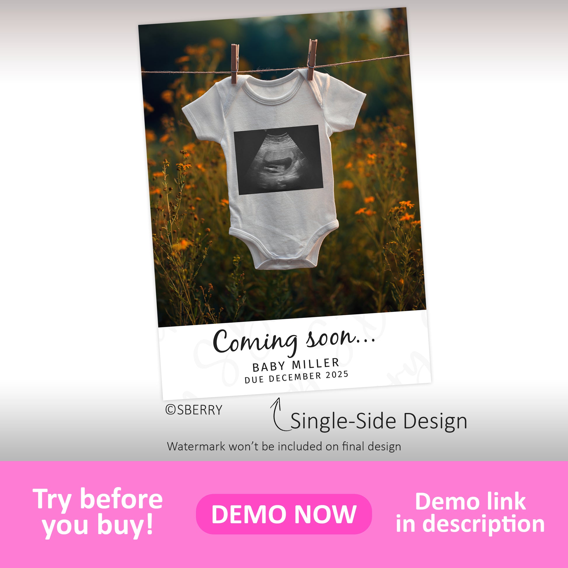 A white baby onesie with a printed ultrasound image hangs on a clothesline outdoors. Text below reads: “Coming soon… Baby Miller, Due December 2025.”.